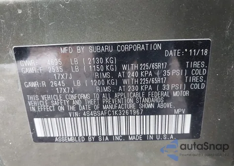 2019 Subaru Outback 2.5I Premium from USA, damaged, VIN 4S4BSAFC1K3261967